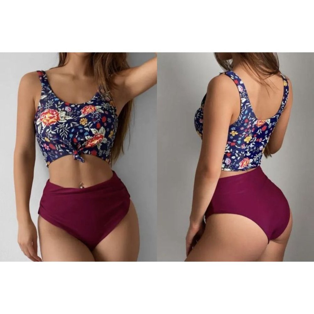 Zaful High Waisted Ruched Floral Knot Front Bikini Set 12
